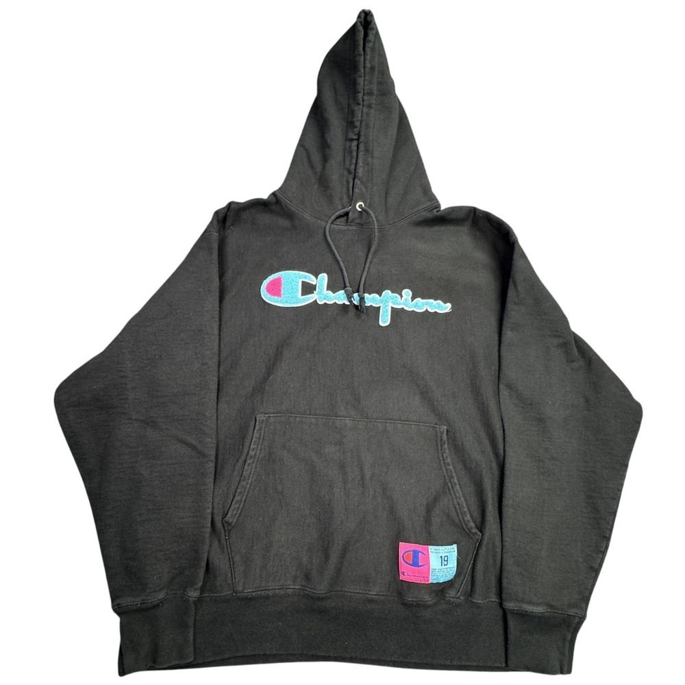 Champion Reverse Weave Hoodie Mens 2XL Black Chenille Logo Miami Vice